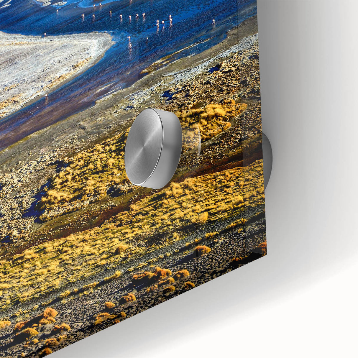 Large abstract wall art depicting a Bolivian landscape in vibrant earth tones on acrylic glass.