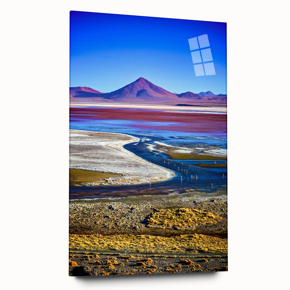 Large abstract depiction of Bolivian landscape in muted earth tones on acrylic glass, ideal for bedroom or dining room art.