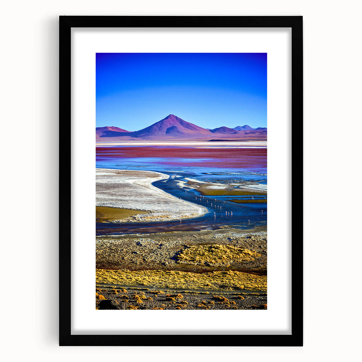 Extra large abstract art print depicting a colorful, textured scenery of Bolivia, ideal for living room decor.