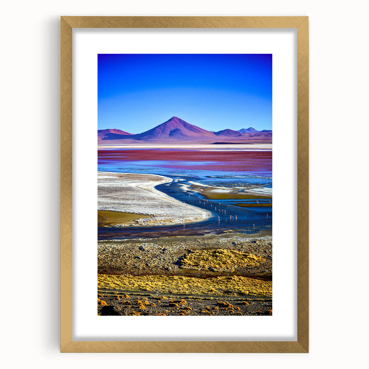 Extra large abstract art print of a Bolivian landscape in textured gold frame, featuring earthy tones.