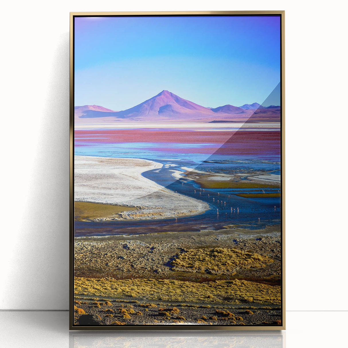 Framed acrylic print of a Bolivian landscape in mid-century modernist style, featuring earthy tones.