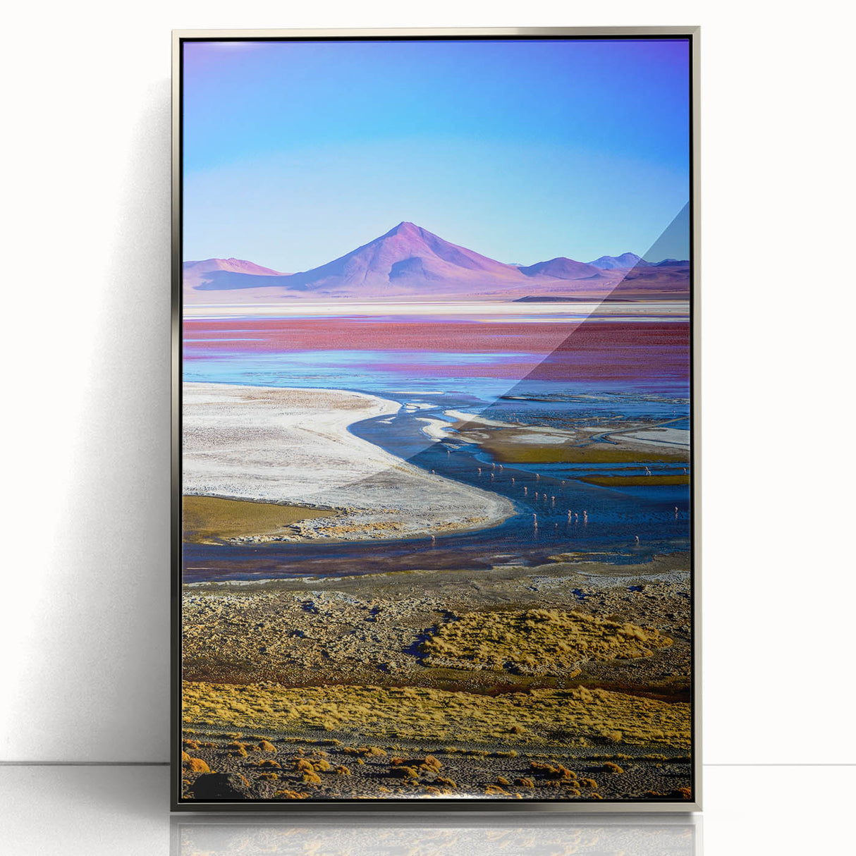 Mid-century modernist art depicting a serene Bolivian landscape, in soft earth tones, framed in silver acrylic.