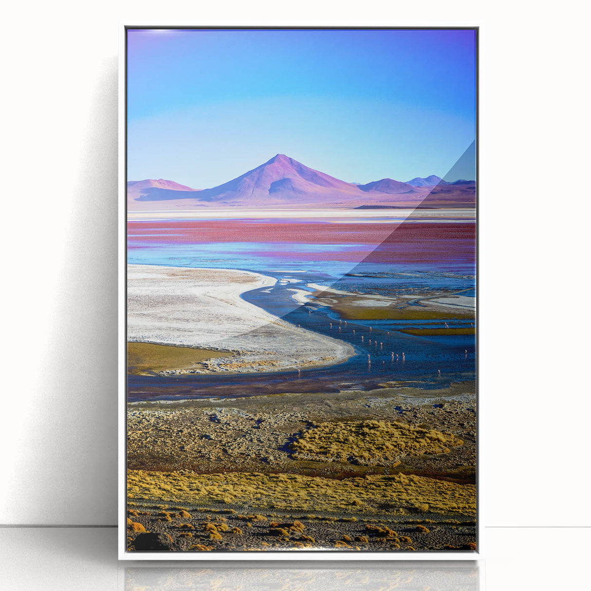 Art Deco style poster of a Bolivian landscape, featuring muted earth tones on white framed acrylic.
