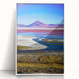 Art Deco style poster of a Bolivian landscape, featuring muted earth tones on white framed acrylic.