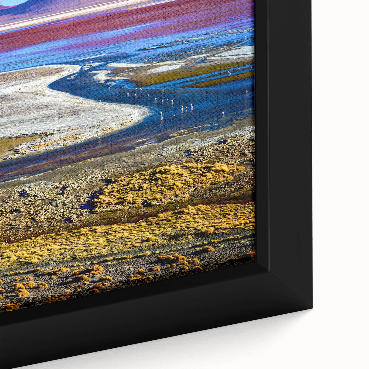 Framed canvas depicting a textured, colorful Bolivian landscape in black, ideal for living room decor.