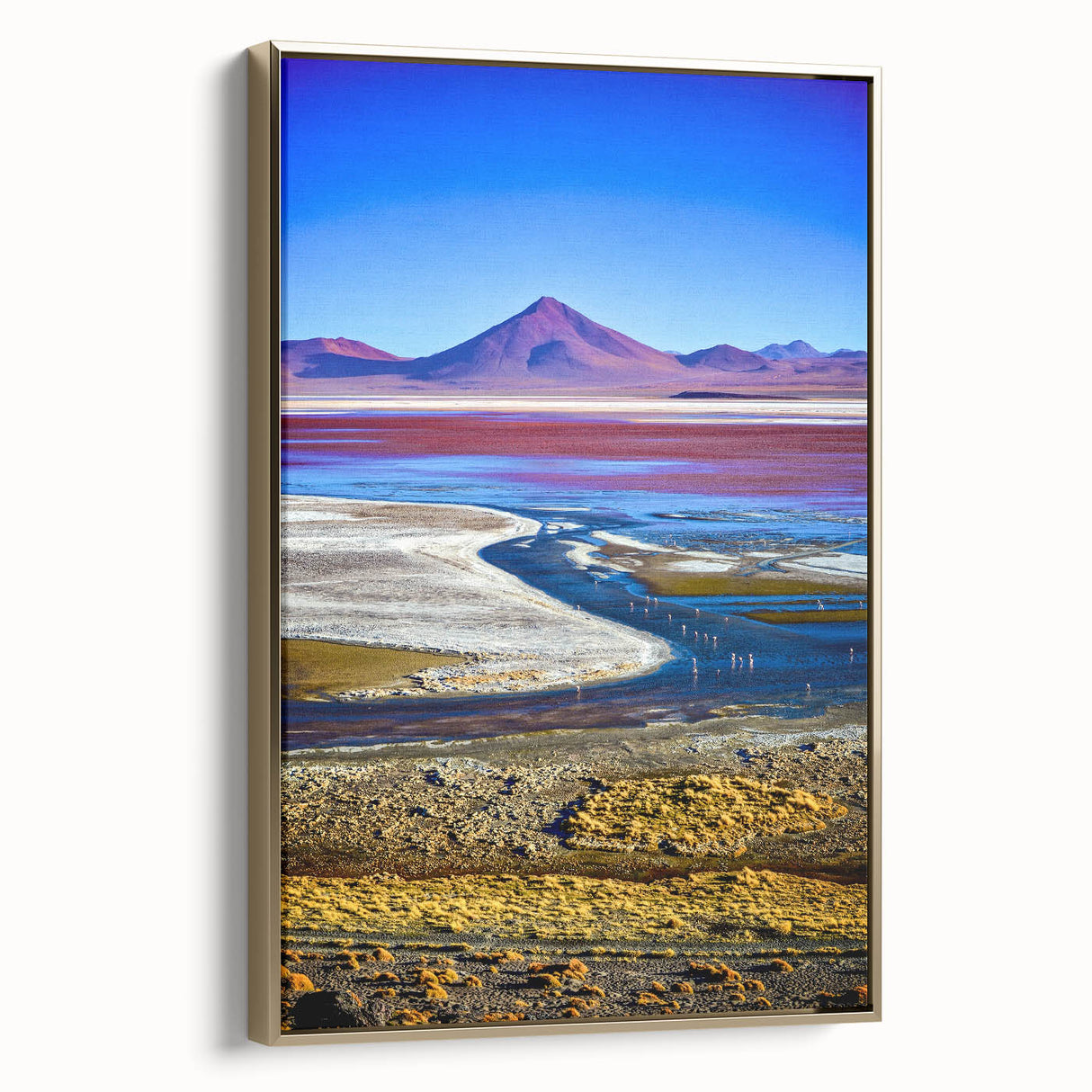 Framed canvas depicting a vintage-style Bolivian landscape in muted gold and black tones, suitable for bedroom wall art.