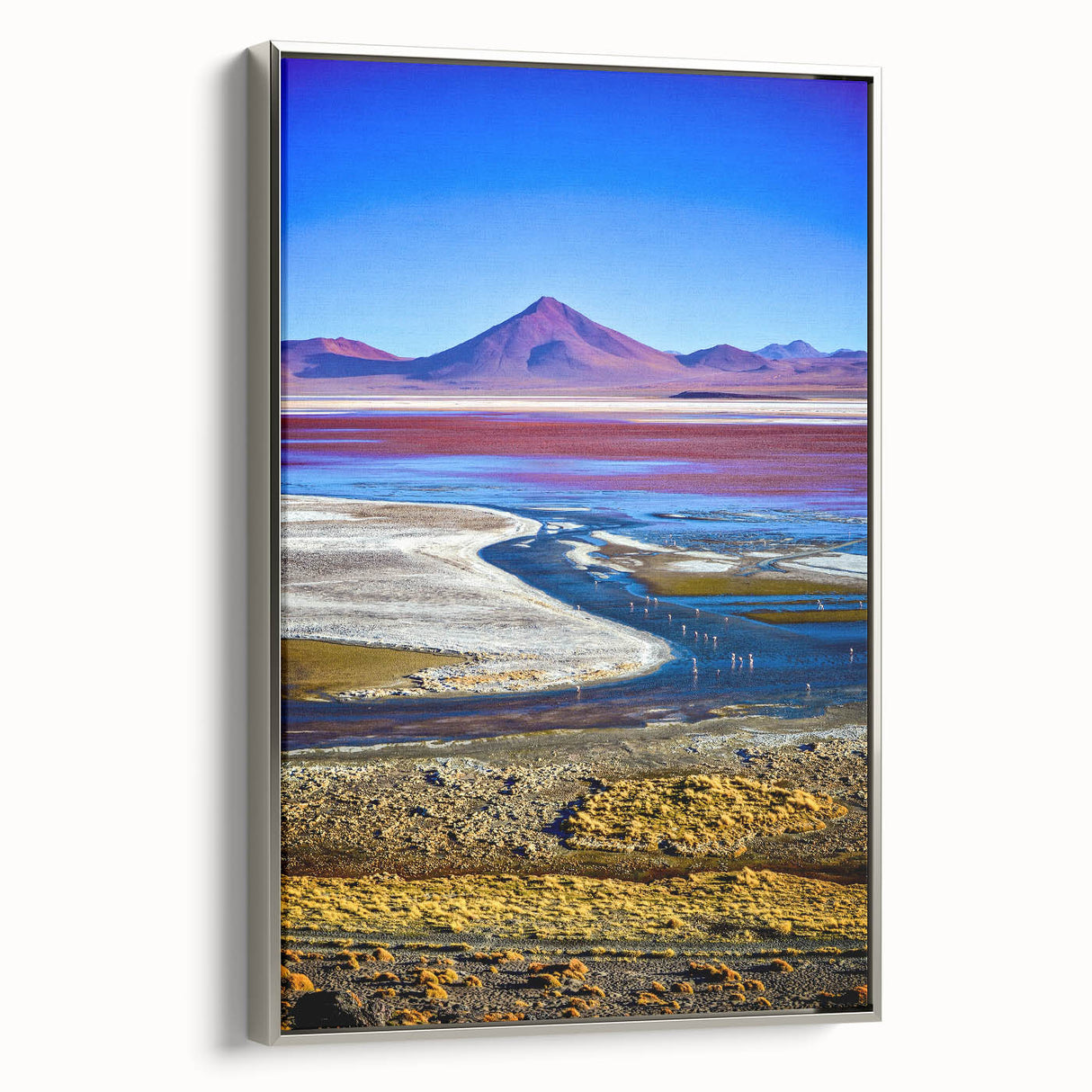 Framed canvas featuring a vintage-style landscape art painting of a Bolivian scenery in colorful hues.