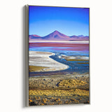 Framed canvas featuring a vintage-style landscape art painting of a Bolivian scenery in colorful hues.