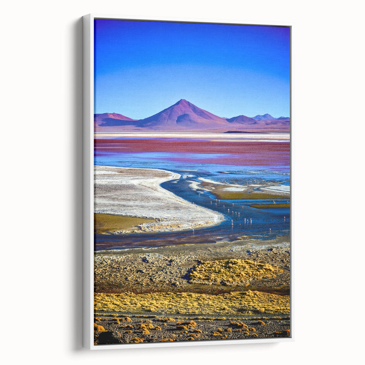Vintage poster art of a Bolivian landscape on framed canvas, featuring vibrant colors, ideal for living room decor.