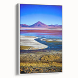 Vintage poster art of a Bolivian landscape on framed canvas, featuring vibrant colors, ideal for living room decor.