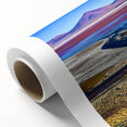 Art deco poster of a Bolivian landscape with muted earth tones on rolled canvas.