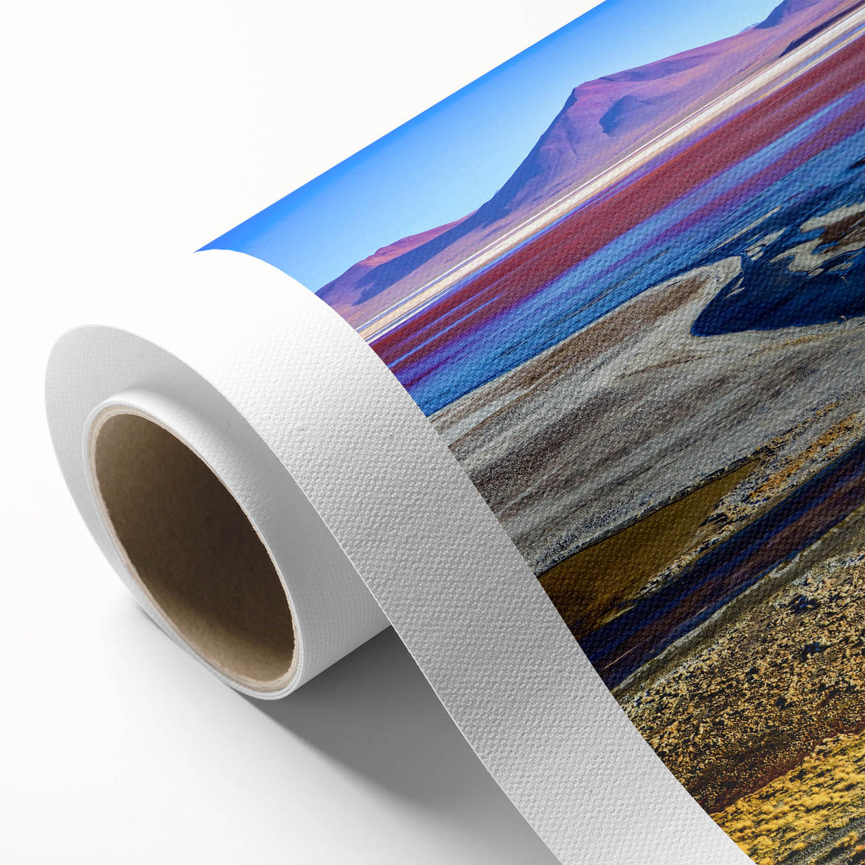 Art deco poster of a Bolivian landscape with muted earth tones on rolled canvas.