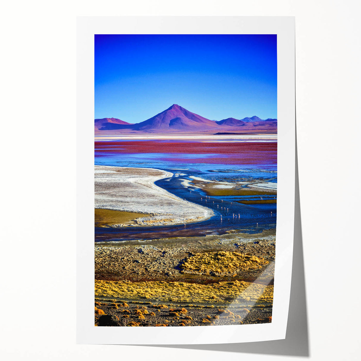 Extra large rolled print of a Bolivian landscape, featuring muted earth tones and floral elements.