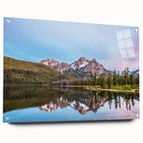 Large abstract wall art depicting Idaho scenery in muted earth tones on acrylic glass, suitable for dining room decor.