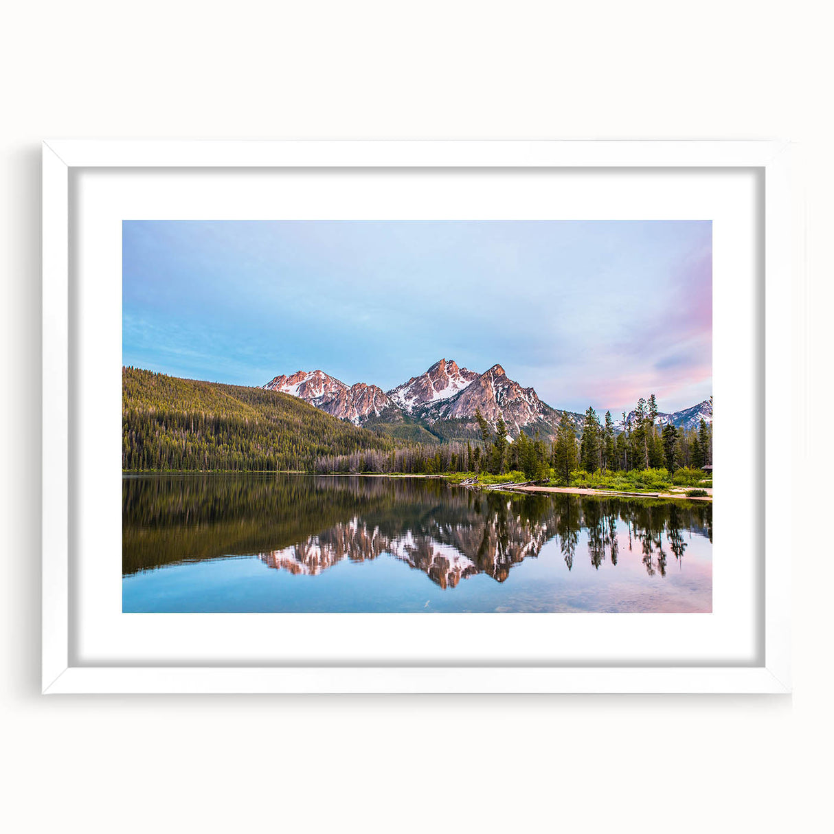 Abstract art print of Idaho scenery in muted earth tones, framed with a white mat, suitable for dining room decor.