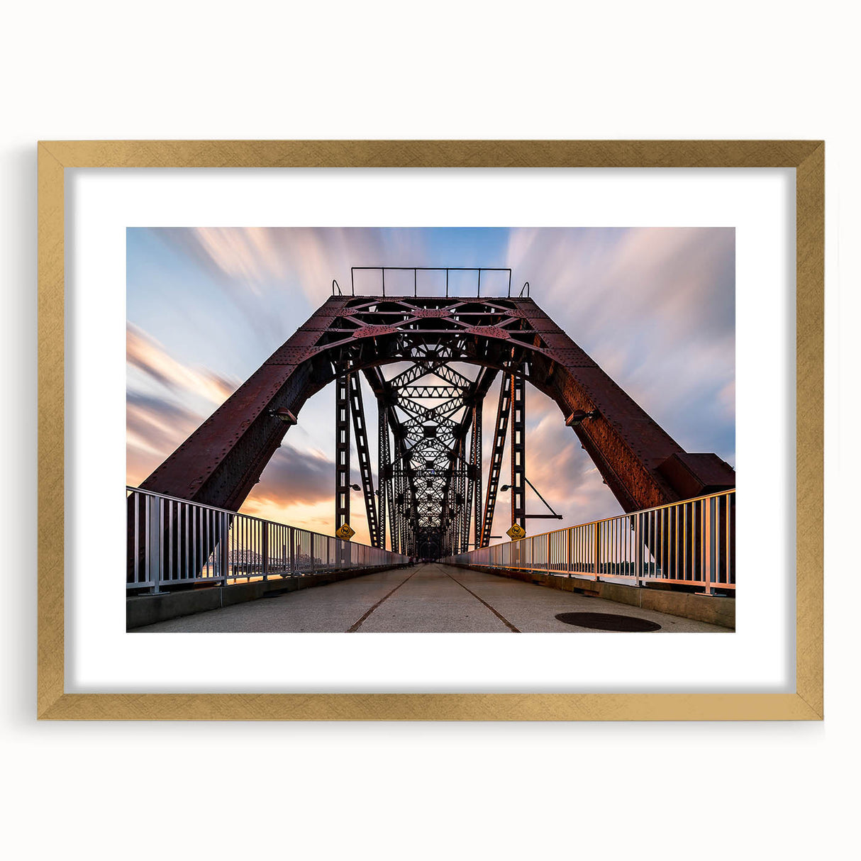 Extra large abstract art print of Kentucky scenery in textured gold frame, ideal for living room decor.