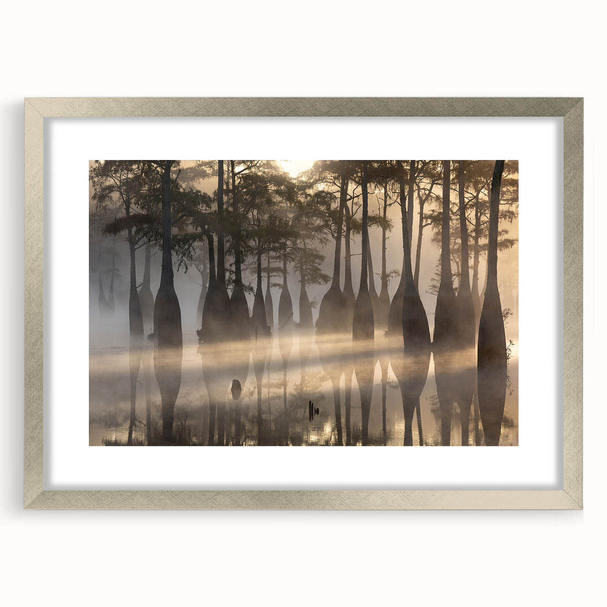Textured abstract art print of Louisiana scenery in muted earth tones, framed in silver, ideal for bedroom decor.