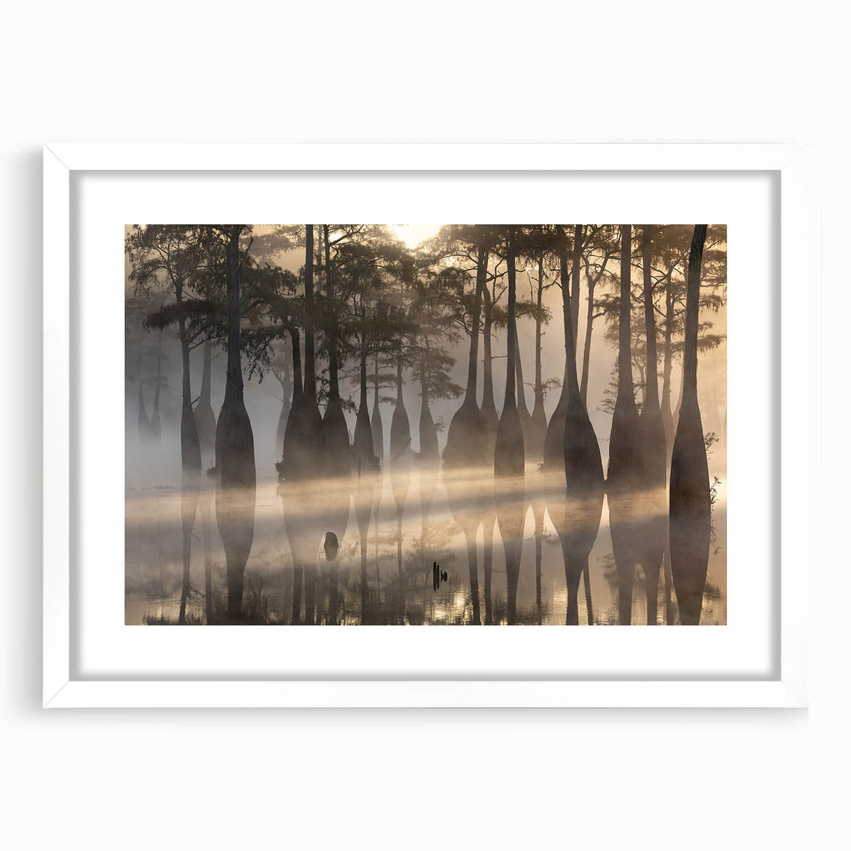 Abstract art print of a Louisiana landscape in muted blues and greens on a framed white canvas.
