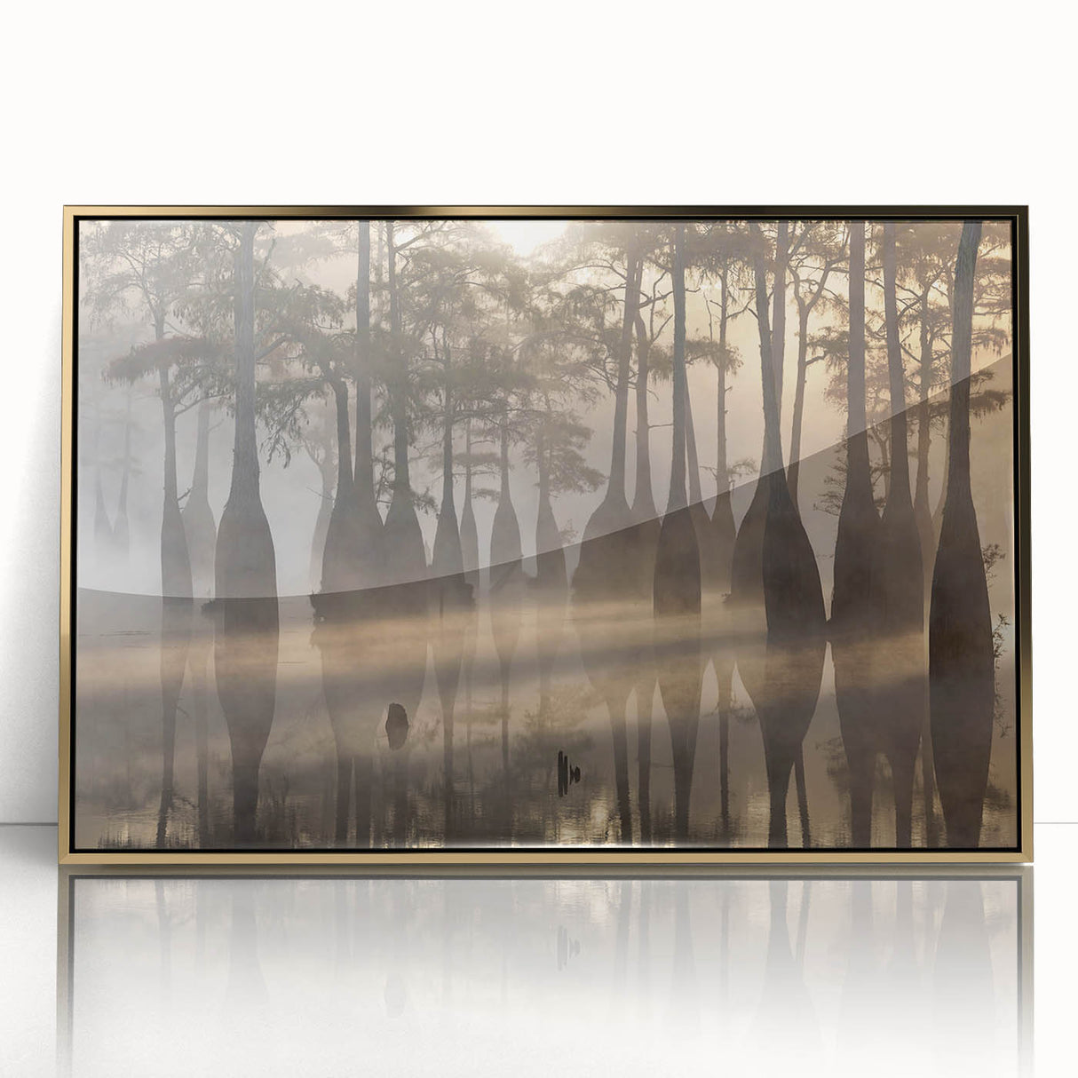 Acrylic print of a Louisiana landscape in muted earth tones, framed in gold, suitable for modern art wall decor.