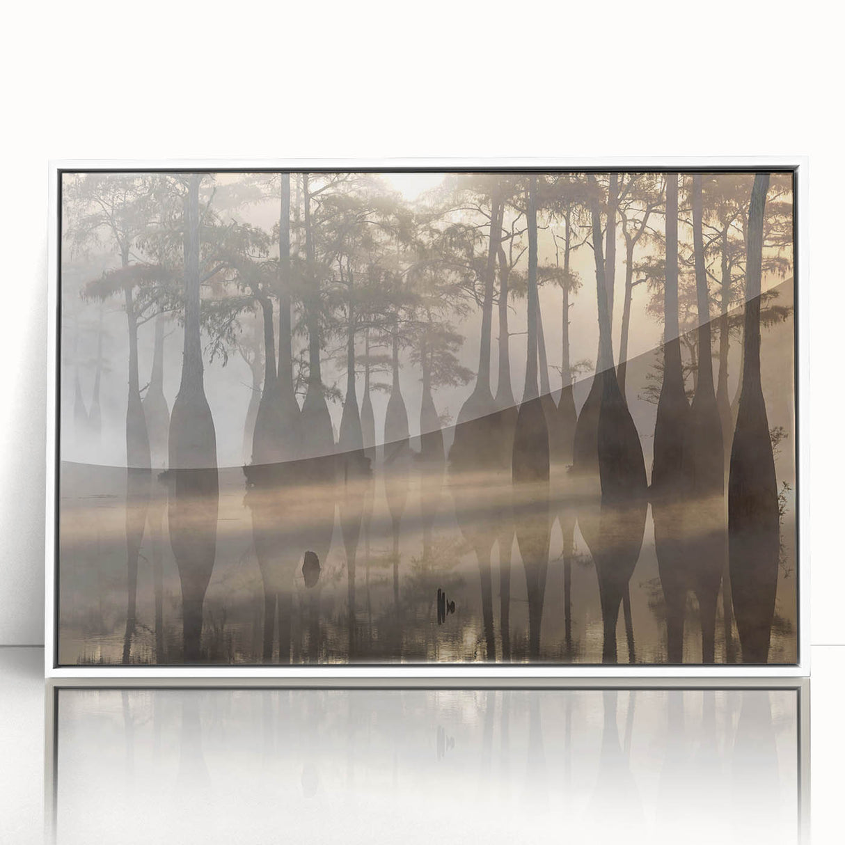Art Deco style poster of Louisiana scenery in muted greens and blues, framed acrylic, suitable for modern nursery wall decor.