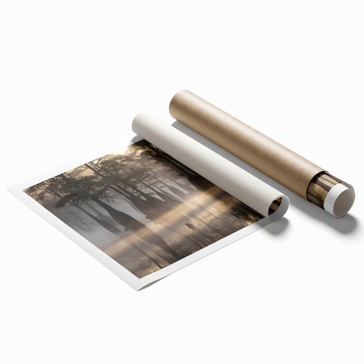 Extra large rolled print depicting a Louisiana marsh scenery in muted green and blue tones.