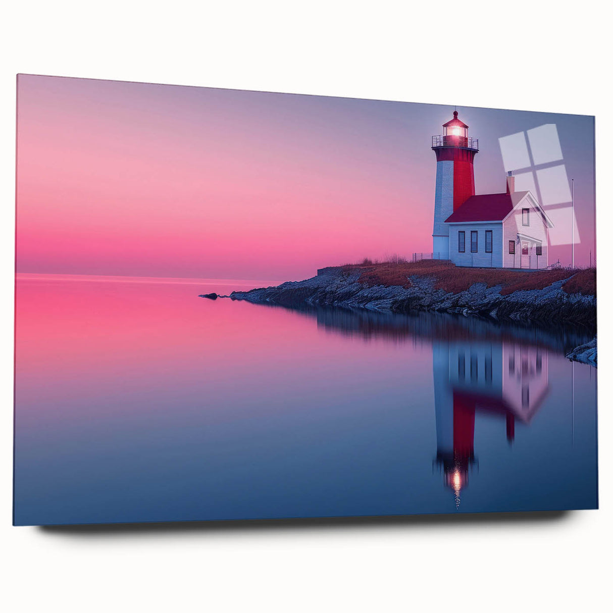 Acrylic print of a serene Maine landscape in muted blues and greens, suitable for bedroom or dining room decor.