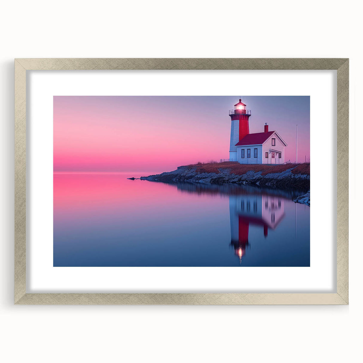 Textured abstract art print depicting a Maine landscape in muted earth tones on a silver-framed mat, ideal for bedroom art.