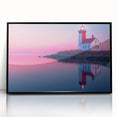 Large abstract wall art depicting Maine scenery in muted blue and green tones, framed in black acrylic.