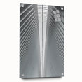 Large abstract wall art depicting the Seattle skyline in muted blue tones on acrylic glass.