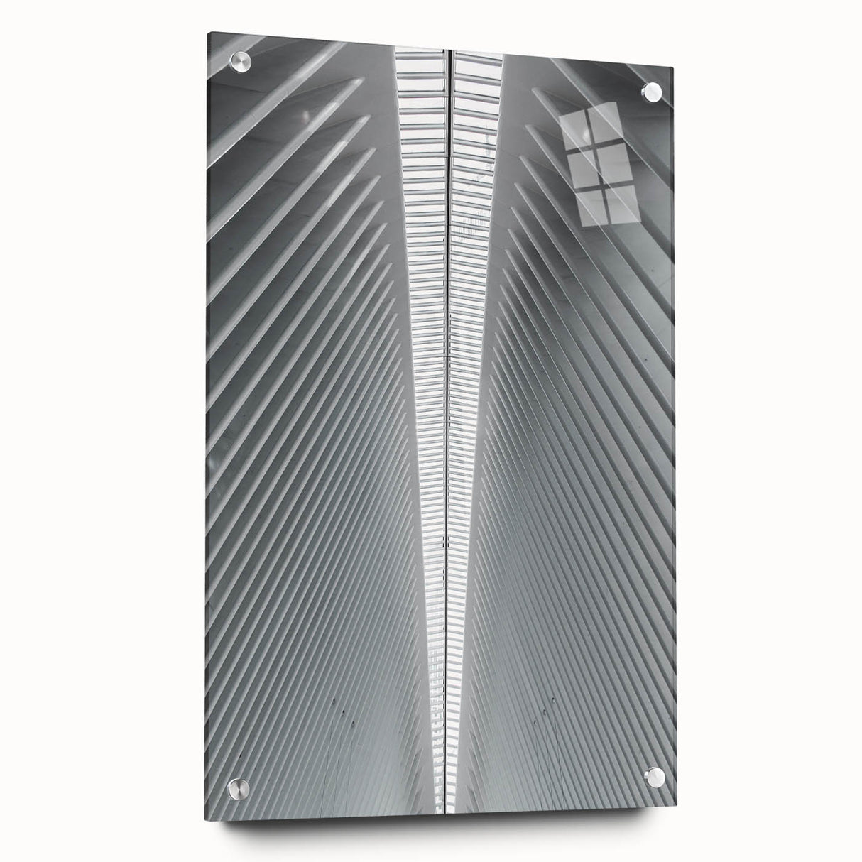 Large abstract wall art depicting the Seattle skyline in muted blue tones on acrylic glass.