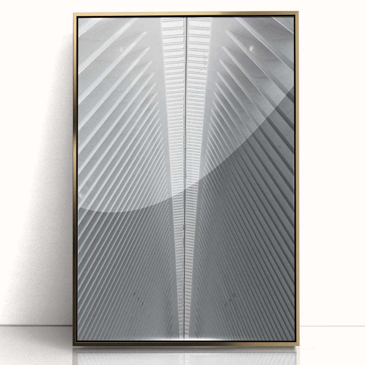 Mid-century modernist Seattle skyline on a large acrylic print with gold frame, ideal for modern art wall decor.