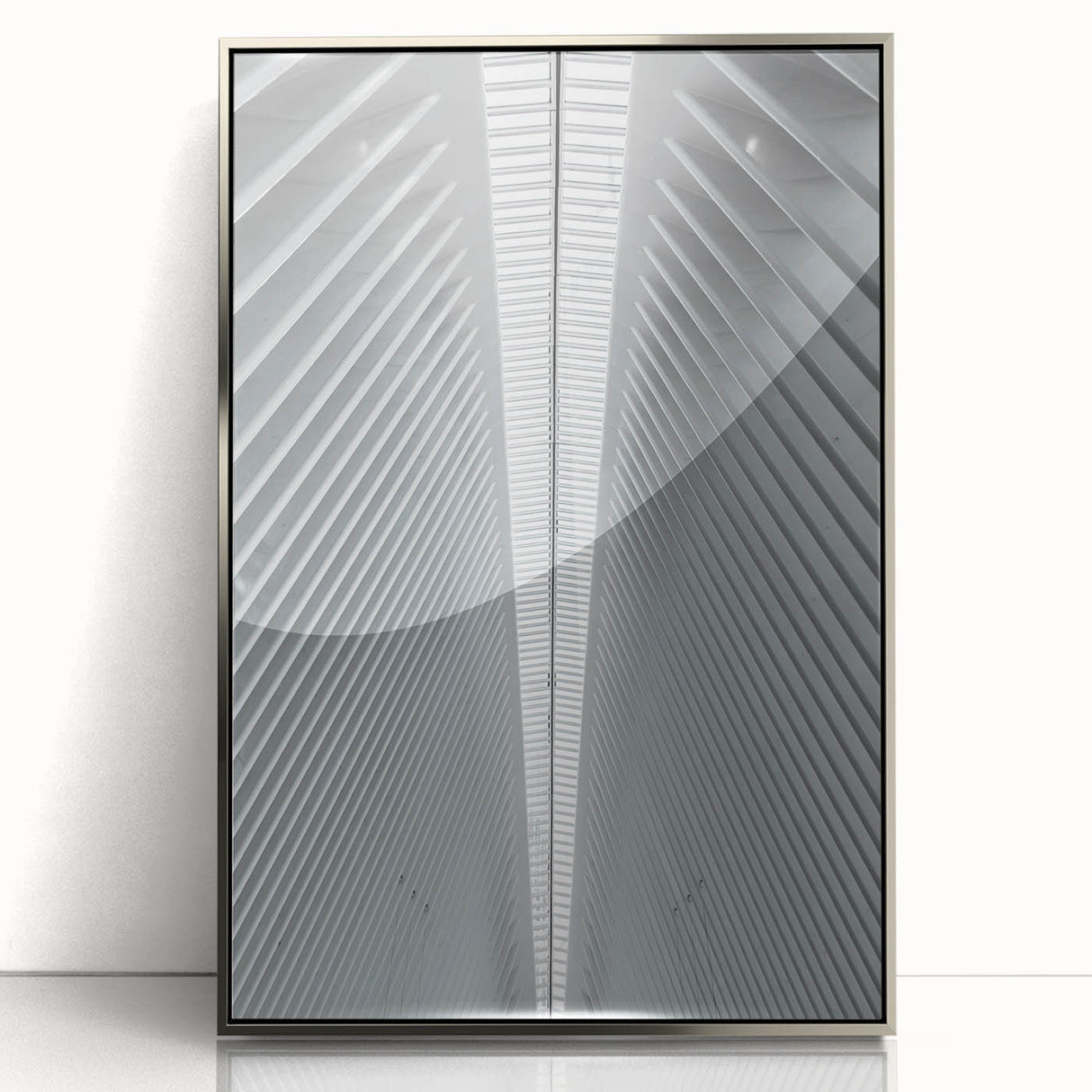 Mid-century modernist art depicting Seattle skyline in muted gray tones on a framed acrylic print.