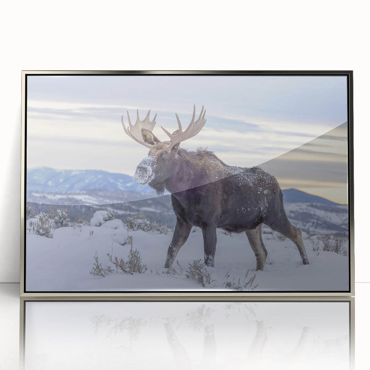 Mid-century modernist art depicting the Grand Tetons in muted earth tones on a framed acrylic, ideal for nursery wall art.