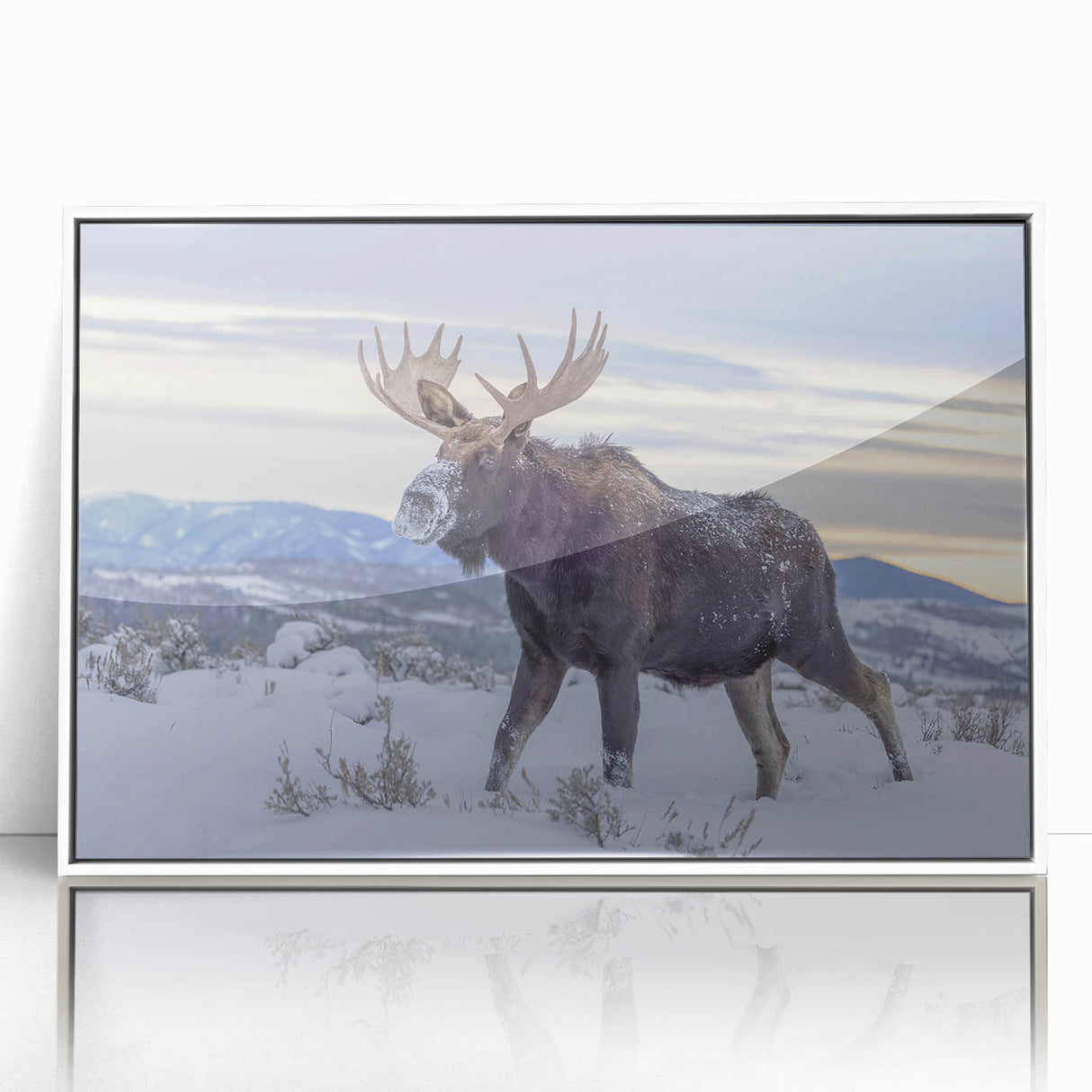 Acrylic print of Grand Tetons scenery in a white frame, with soft blue and green tones, suitable for modern art wall decor.