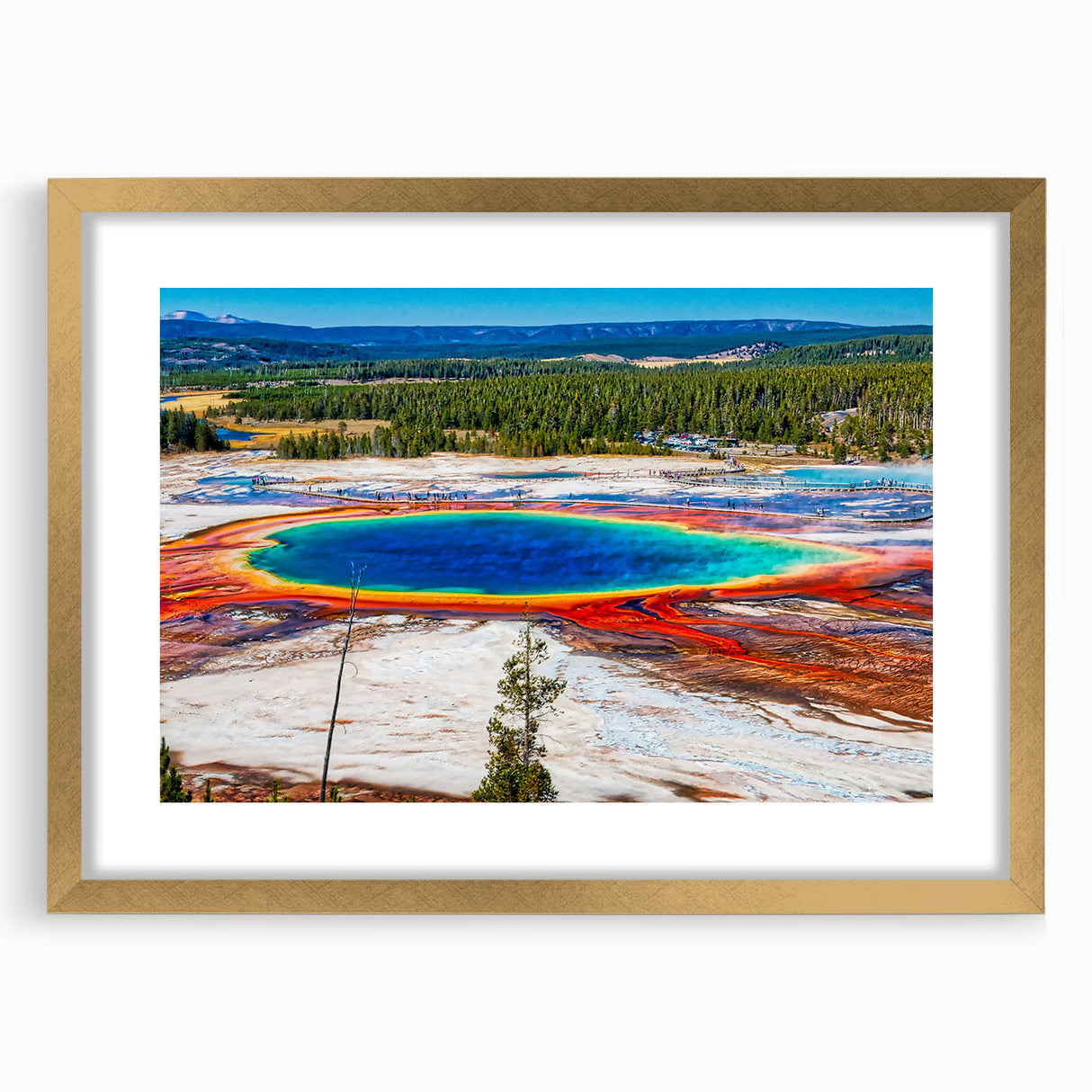 Extra large abstract art print of Yellowstone scenery in muted earth tones on a textured canvas, framed in gold.