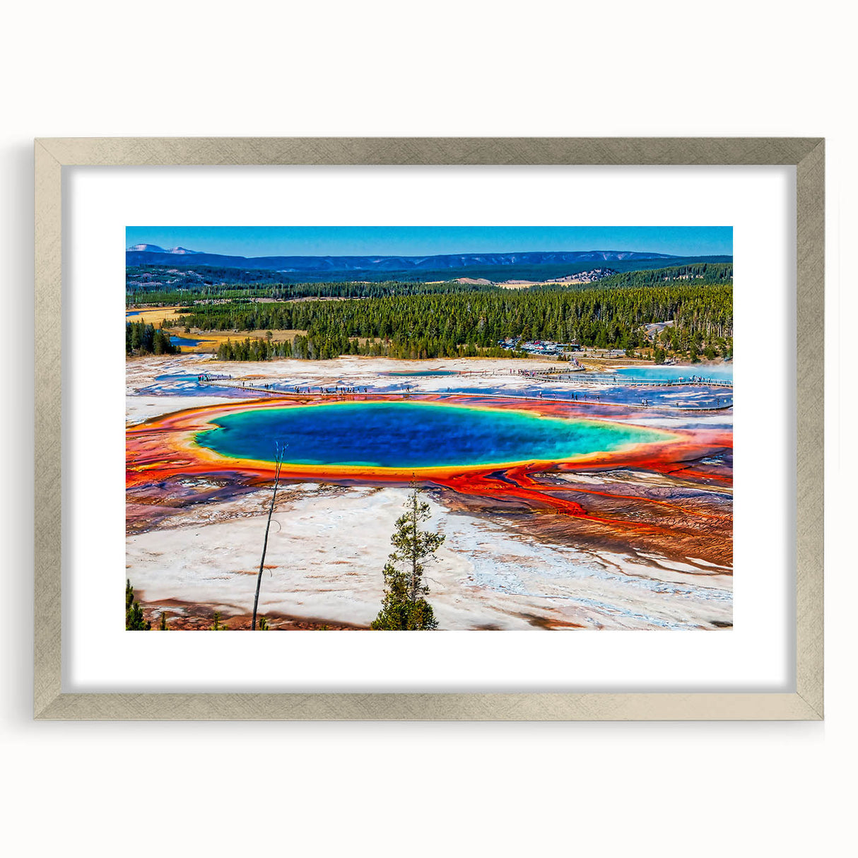 Textured art depicting abstract Yellowstone scenery in muted earth tones on a silver-framed mat, ideal for bedroom decor.
