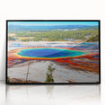 Large abstract wall art depicting Yellowstone scenery in muted earth tones, framed in black acrylic.