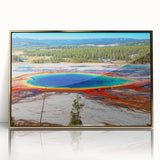 Large art print of Yellowstone scenery, framed in gold acrylic, featuring mid-century modernist style.