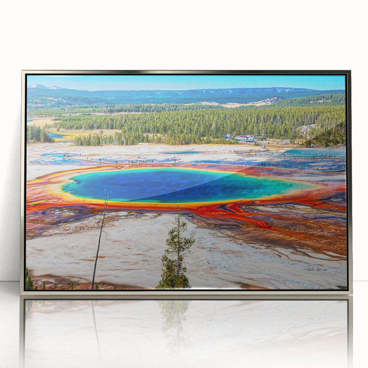 Mid-century modernist art depicting Yellowstone scenery in muted earth tones on a framed acrylic panel.