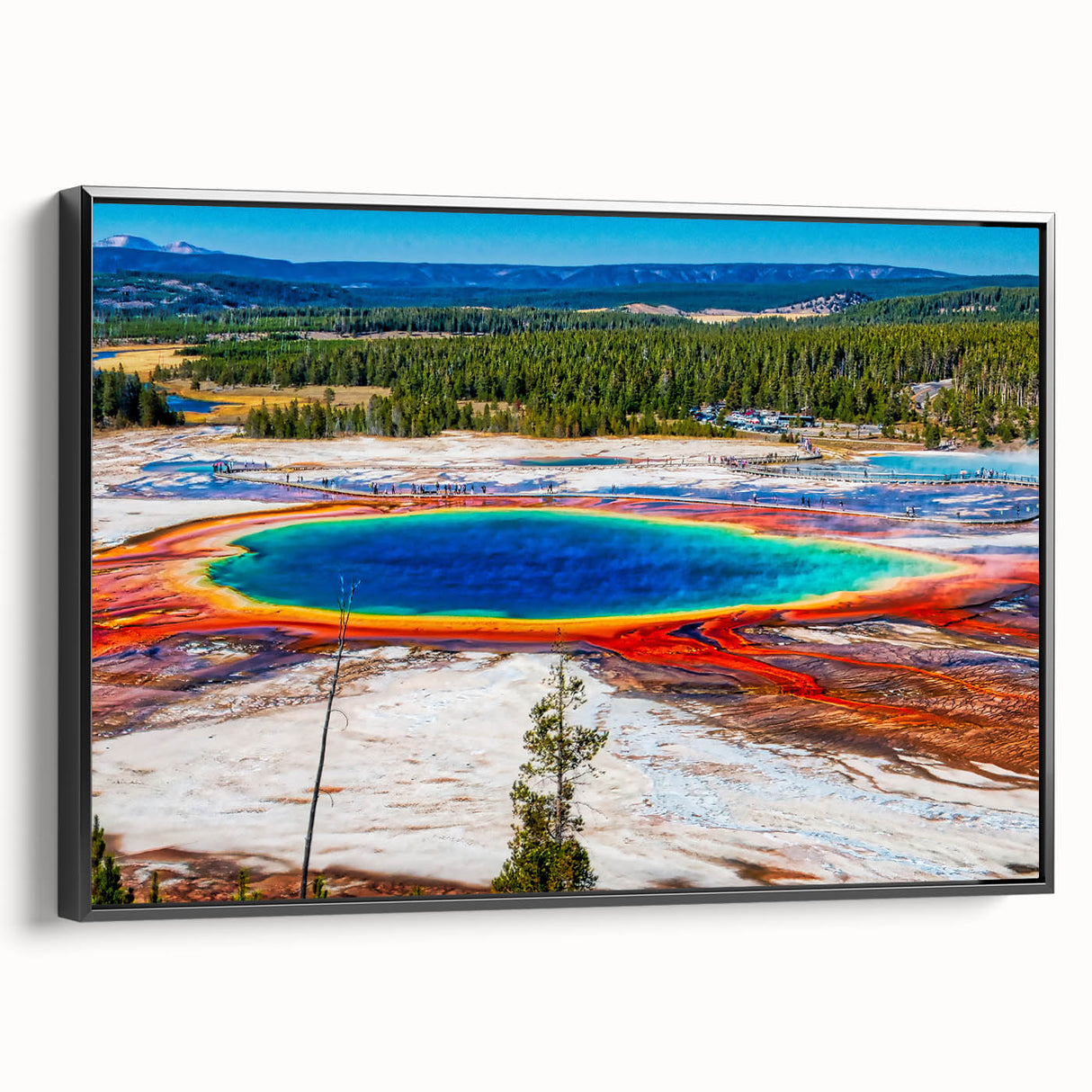 Black and white framed canvas of Yellowstone landscape, ideal for bedroom wall decor.