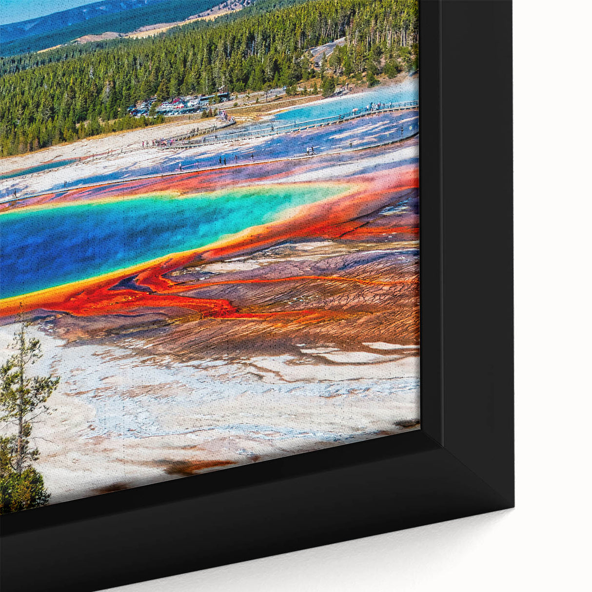 Extra large framed canvas featuring a textured depiction of Yellowstone, with black edges and vibrant, colorful art.