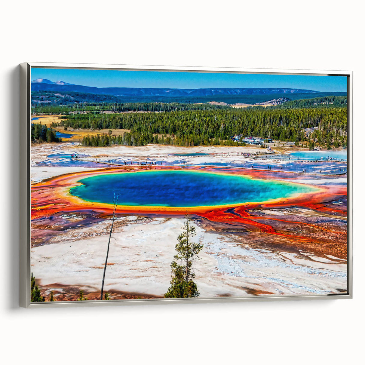Landscape art painting of Yellowstone on framed canvas, featuring a vintage poster style with colorful and black elements.