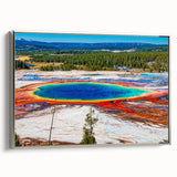 Landscape art painting of Yellowstone on framed canvas, featuring a vintage poster style with colorful and black elements.