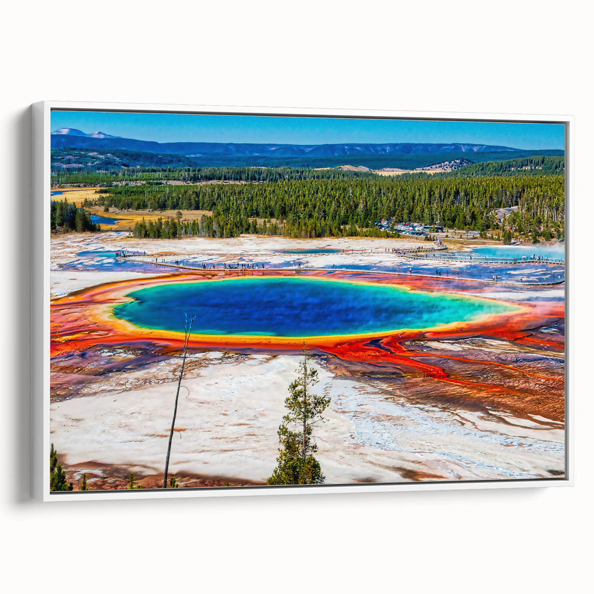Vintage poster art of Yellowstone scenery on extra-large framed canvas, featuring colorful art on a black background.