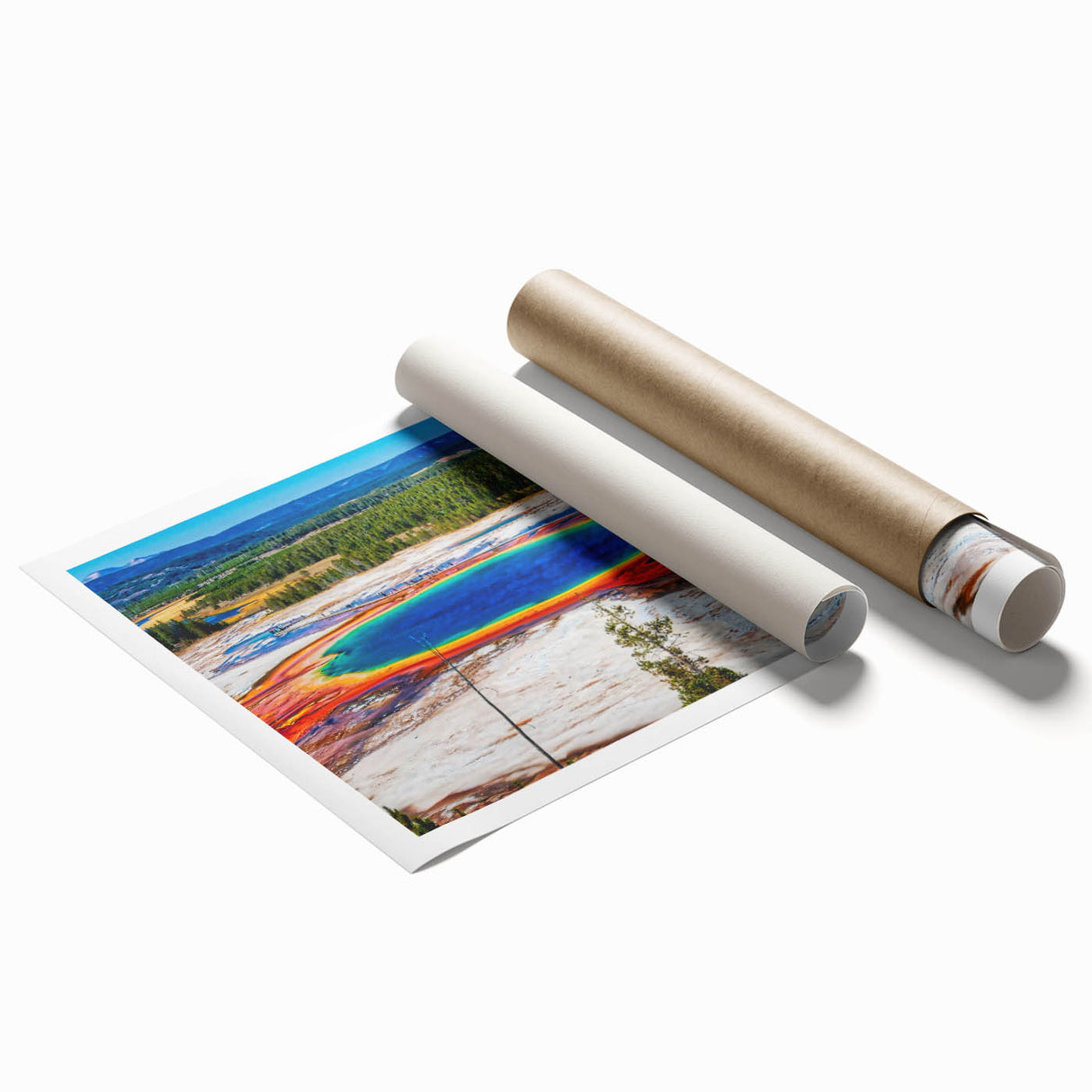 Extra large rolled print of Yellowstone scenery with vibrant green and blue tones, ideal for classy bathroom wall art.