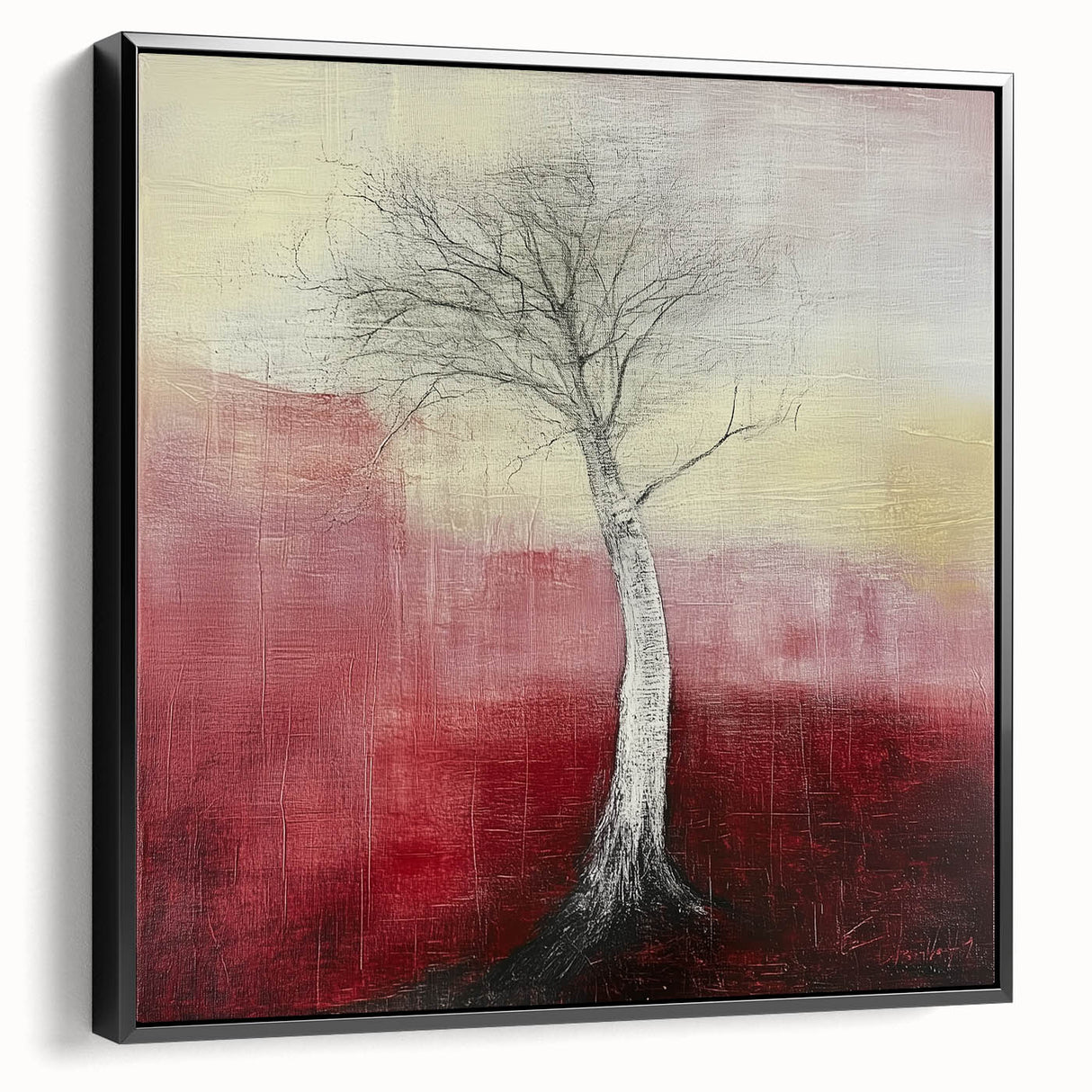 Framed canvas artwork showcasing an abstract floral design with vibrant colors on a black background, highlighting intricate details and textures from a side view.