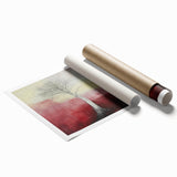 Abstract floral design rolled print featuring vibrant colors of pink, blue, and green on a textured surface, perfect for home decor or art displays.