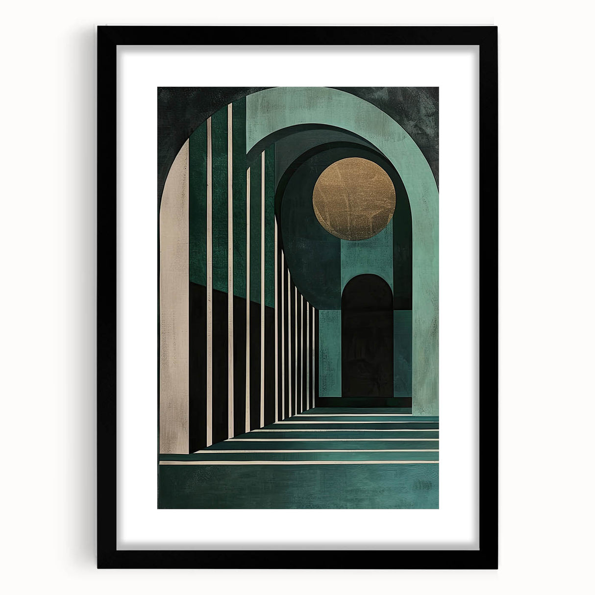 Abstract minimalist wall art framed in black with a white mat, showcasing geometric shapes and soft tones, ideal for modern home decor.