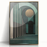 Framed abstract minimalist wall art featuring gold accents, displayed in a sleek acrylic frame, perfect for modern home decor and enhancing interior aesthetics.