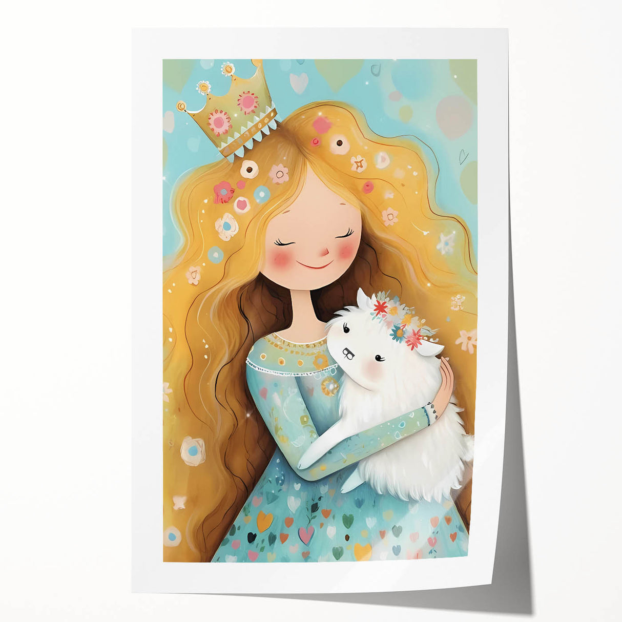 Girls Bedroom Art - Princess & Fluffy Pet Wall Decor for Kids